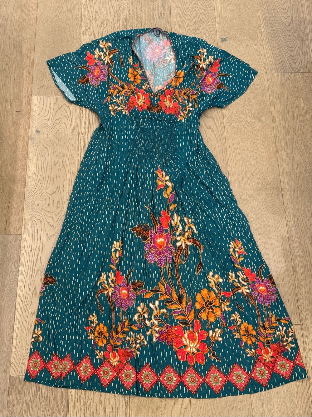 Teal Floral V-Neck Maxi Dress with Embroidered Motif